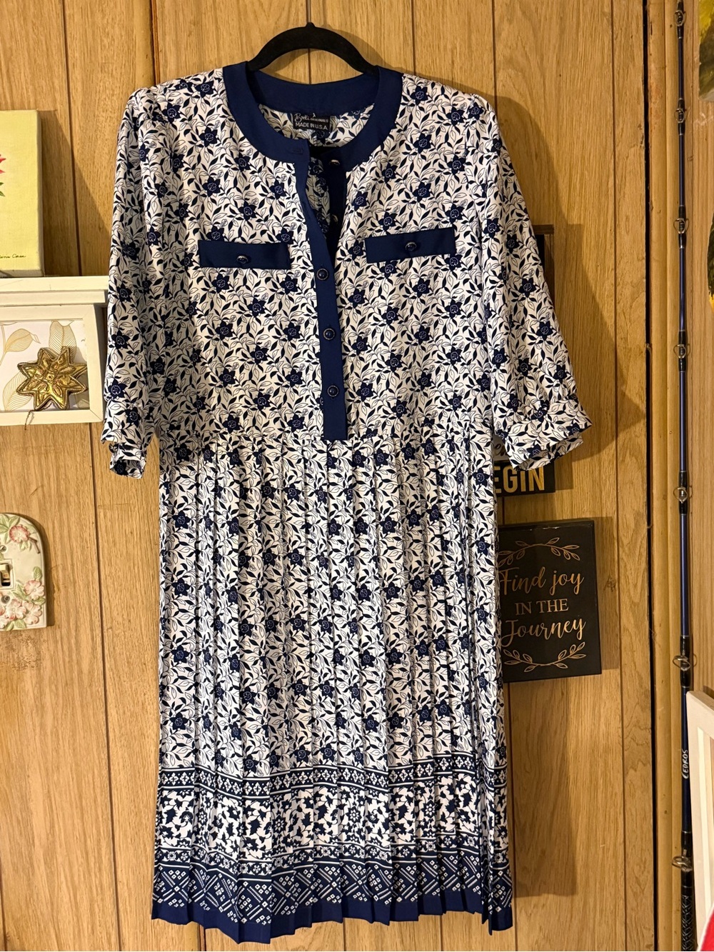 Navy and White Floral Pleated Midi Dress